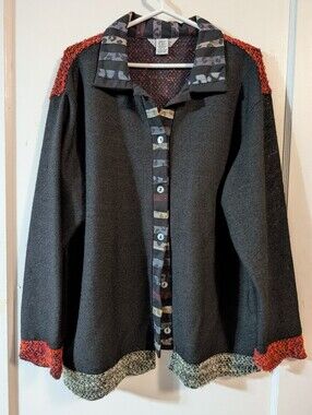 Stonebridge Black Button-Front Cardigan with Red Accent Trim
